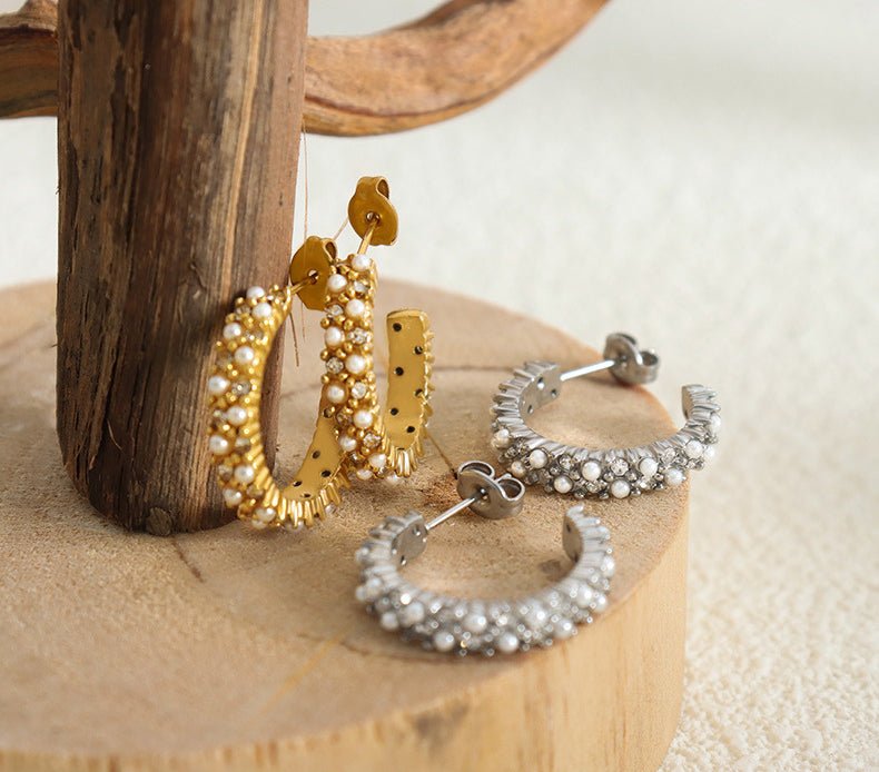 18K Gold C Shape Diamond and Pearl Design Versatile Earrings - JuVons