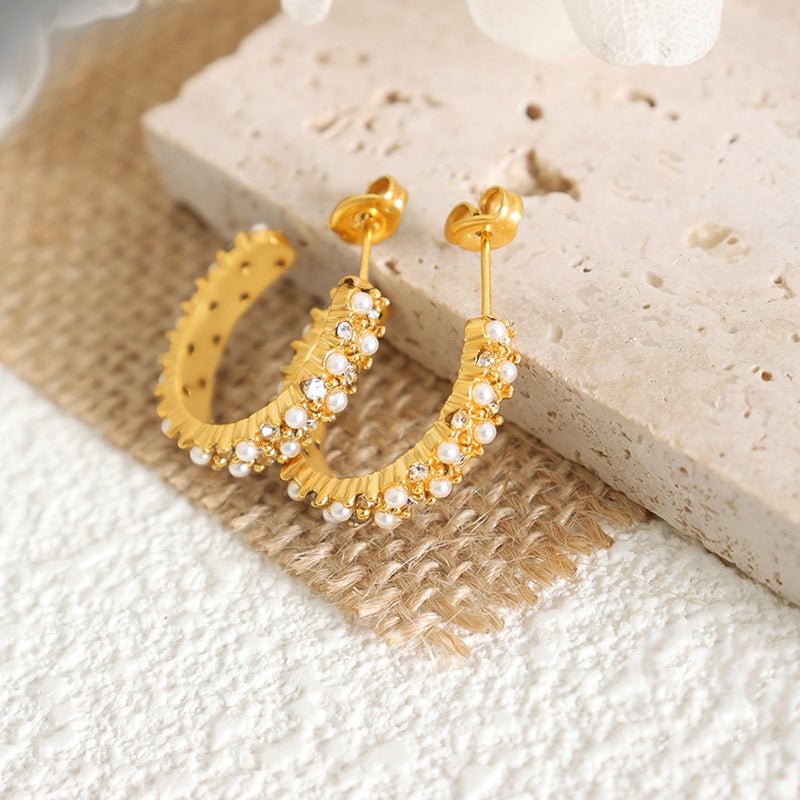 18K Gold C Shape Diamond and Pearl Design Versatile Earrings - JuVons