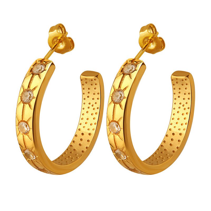 18K Gold Dazzling C-shaped Earrings with Star Pattern Zircon Design - JuVons