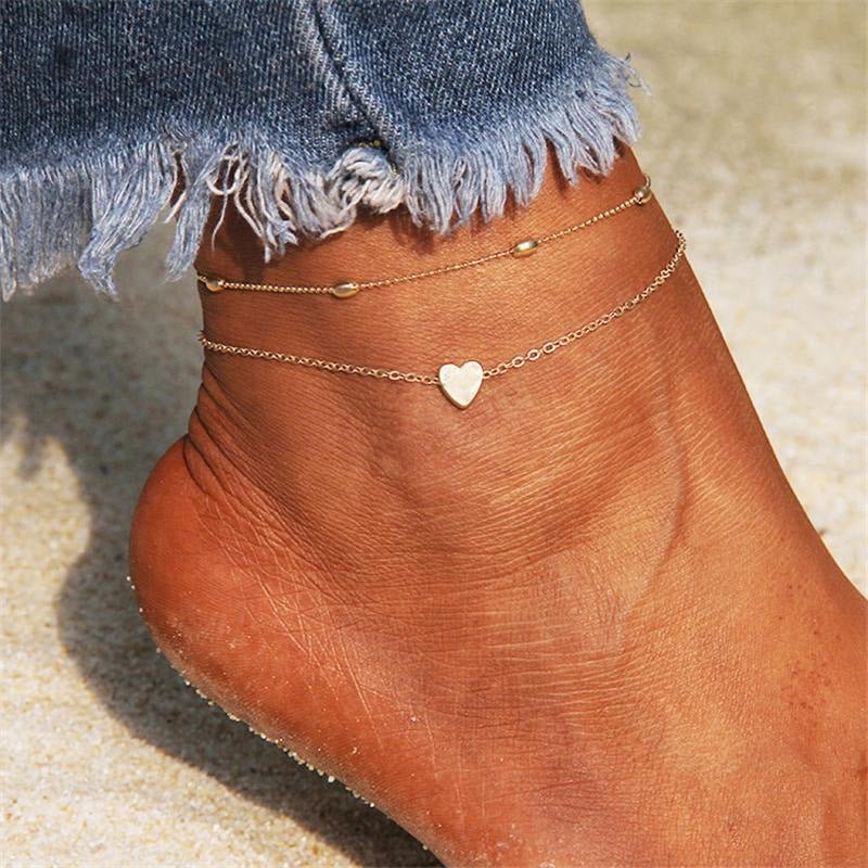 18K gold double-layered beach style anklet with love design - JuVons