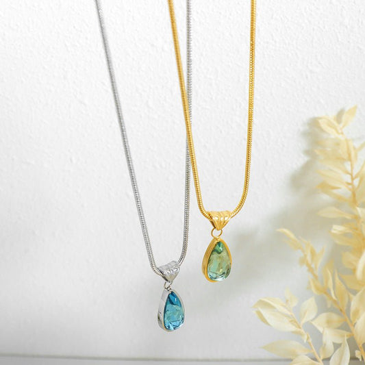 18K gold drop-shaped gemstone pendant necklace - JuVons