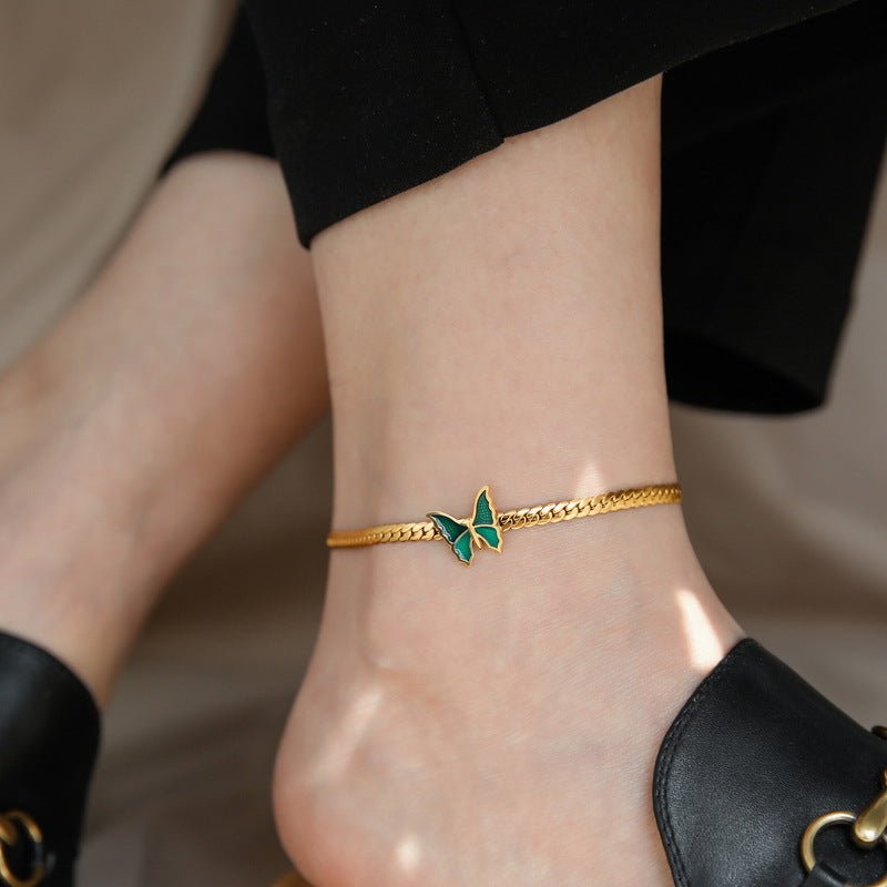 18K Gold Exquisite Light Luxury Green Butterfly Design Versatile Anklet - JuVons