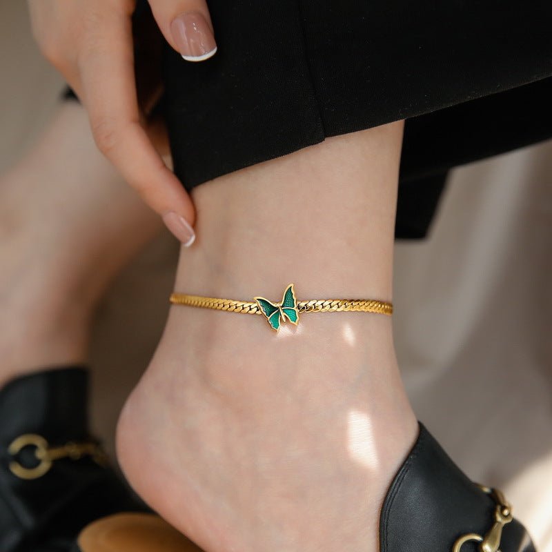 18K Gold Exquisite Light Luxury Green Butterfly Design Versatile Anklet - JuVons