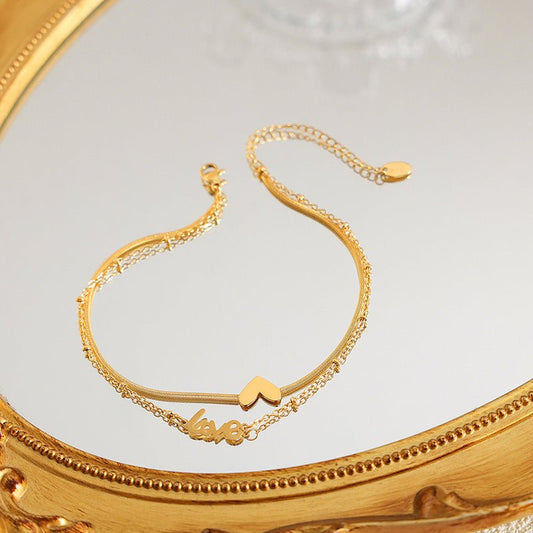 18K gold fashionable heart with "LOVE" double-layer anklet - JuVons