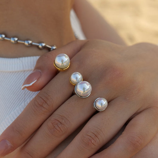 18K gold fashionable personality matching large and small pearl ring - JuVons