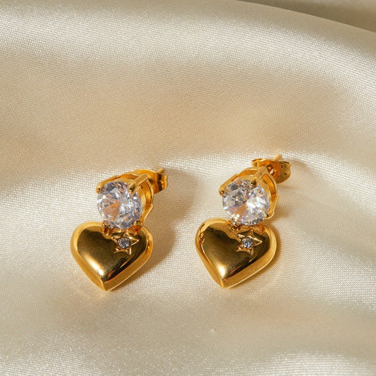18k gold heart inlaid zircon design earrings - JuVons