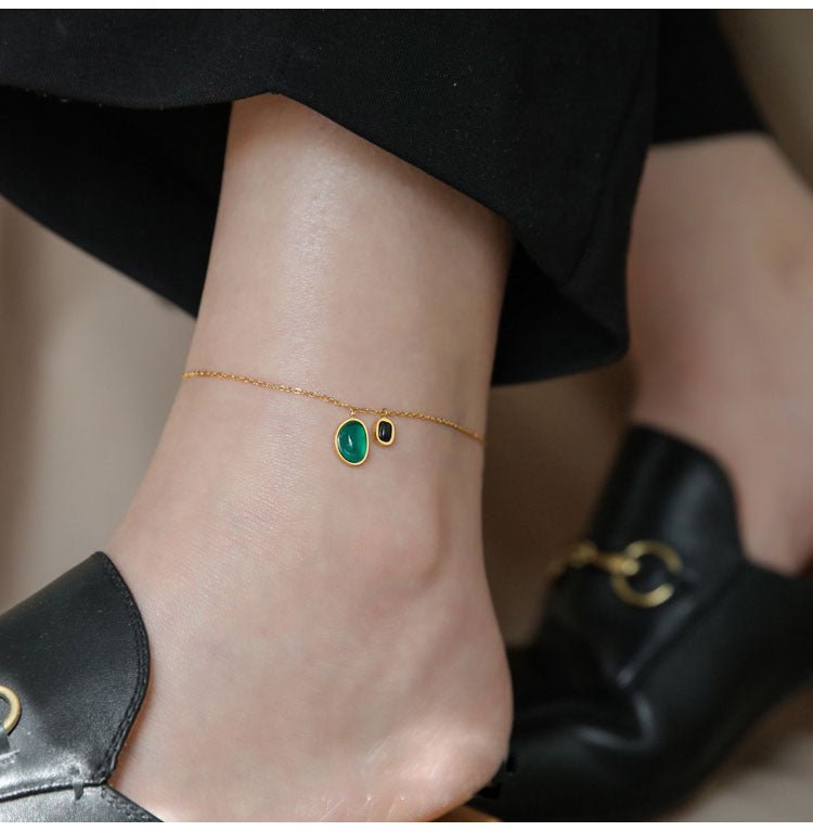 18K Gold Inlaid Natural Green Black Agate Stone Anklet - JuVons