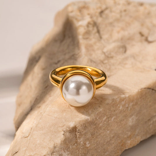 18K gold inlaid pearl design ring - JuVons