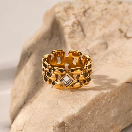 18K gold inlaid square zircon ring - JuVons