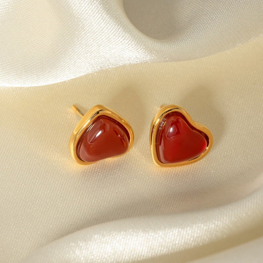 18k gold love inlaid red gemstone earrings - JuVons