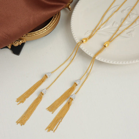 18K gold luxurious sweater chain with long tassel zircon necklace - JuVons