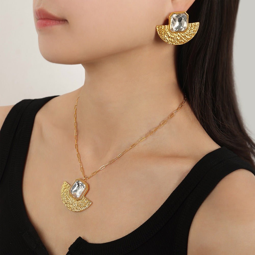 18K gold radiant fan-shaped volcano with gemstone necklace & earrings set - JuVons