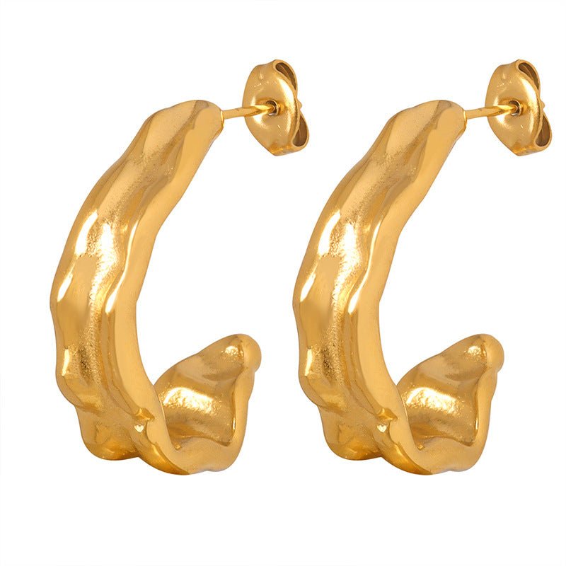 18K Gold Retro Hollow C-shaped Embossed Design Earrings - JuVons