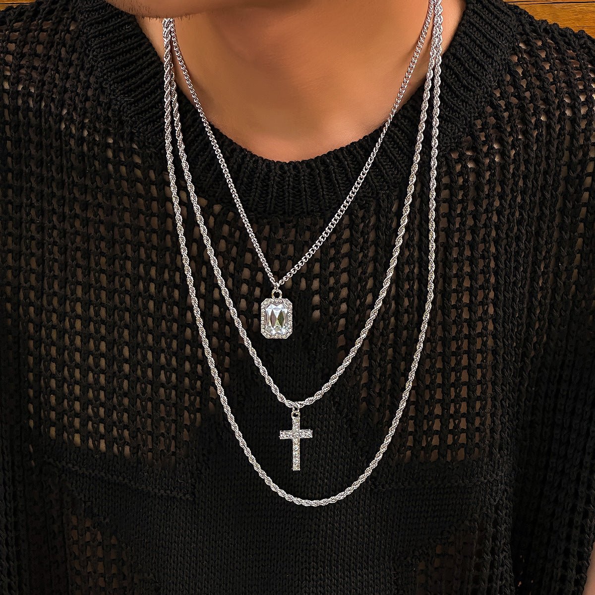 18K gold three-layer stacked with cross design hip-hop necklace - JuVons