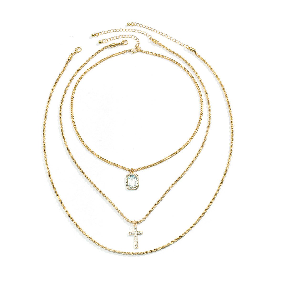 18K gold three-layer stacked with cross design hip-hop necklace - JuVons