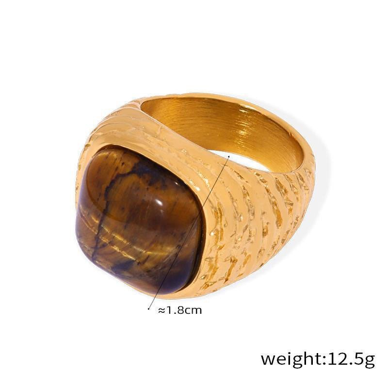 18K gold vintage braided pattern natural stone ring - JuVons
