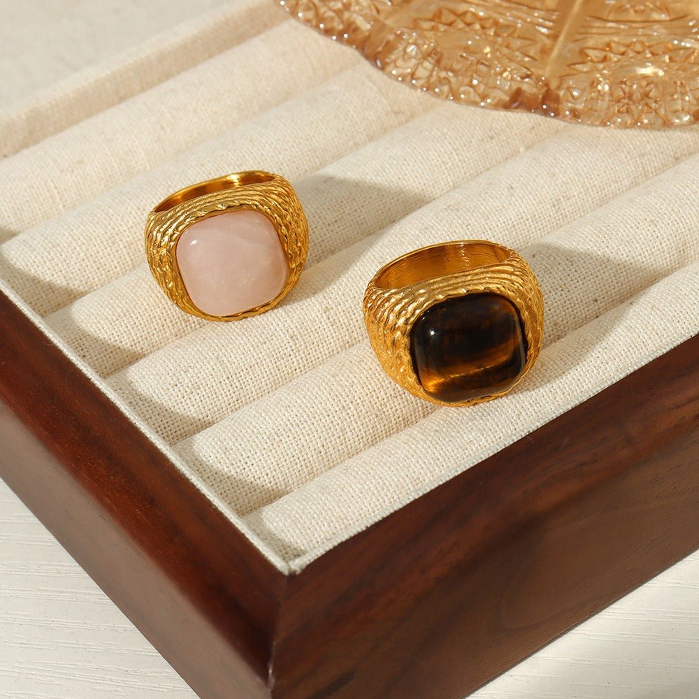 18K gold vintage braided pattern natural stone ring - JuVons