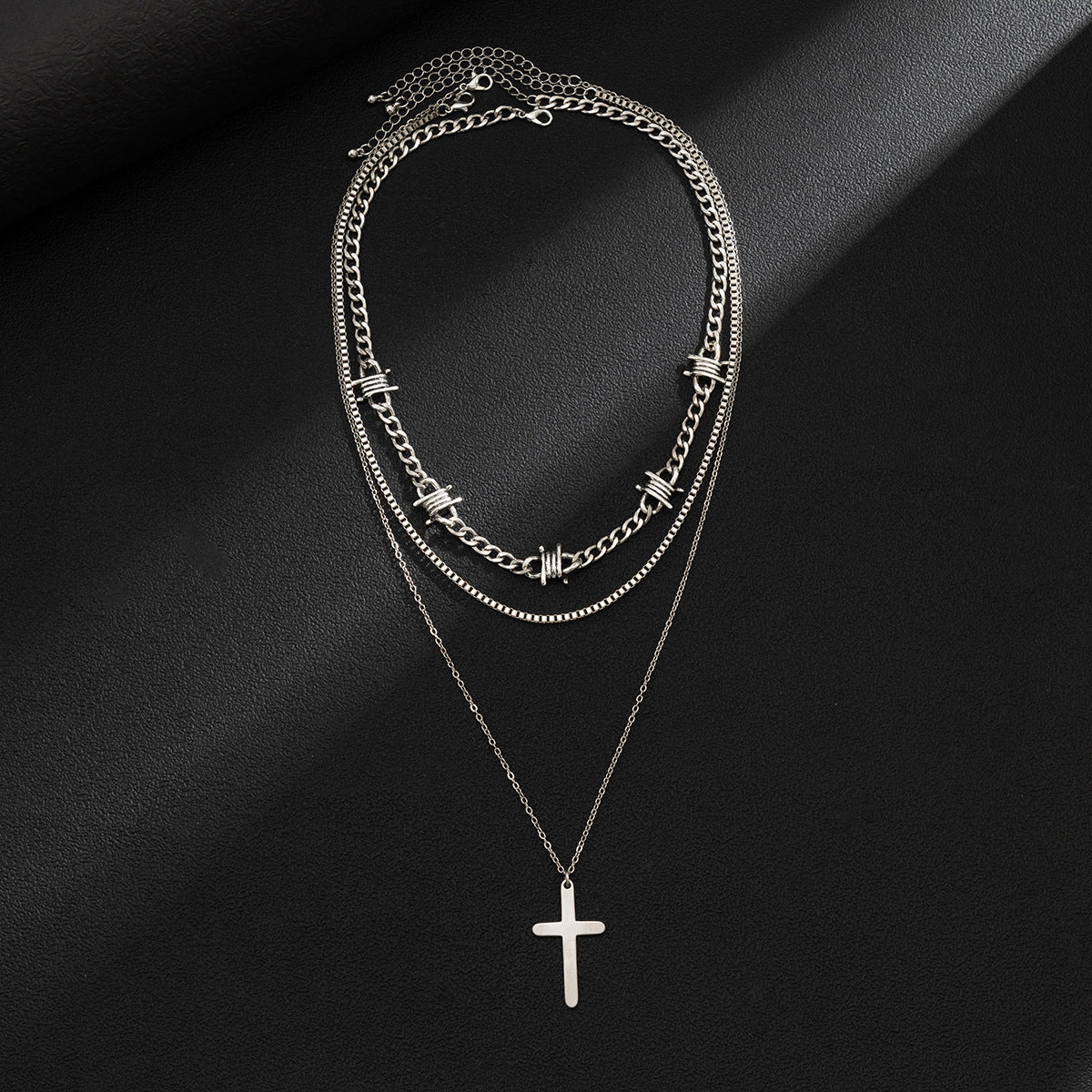 Fashionable and simple hip-hop style three-tiered pearl cross design necklace - JuVons
