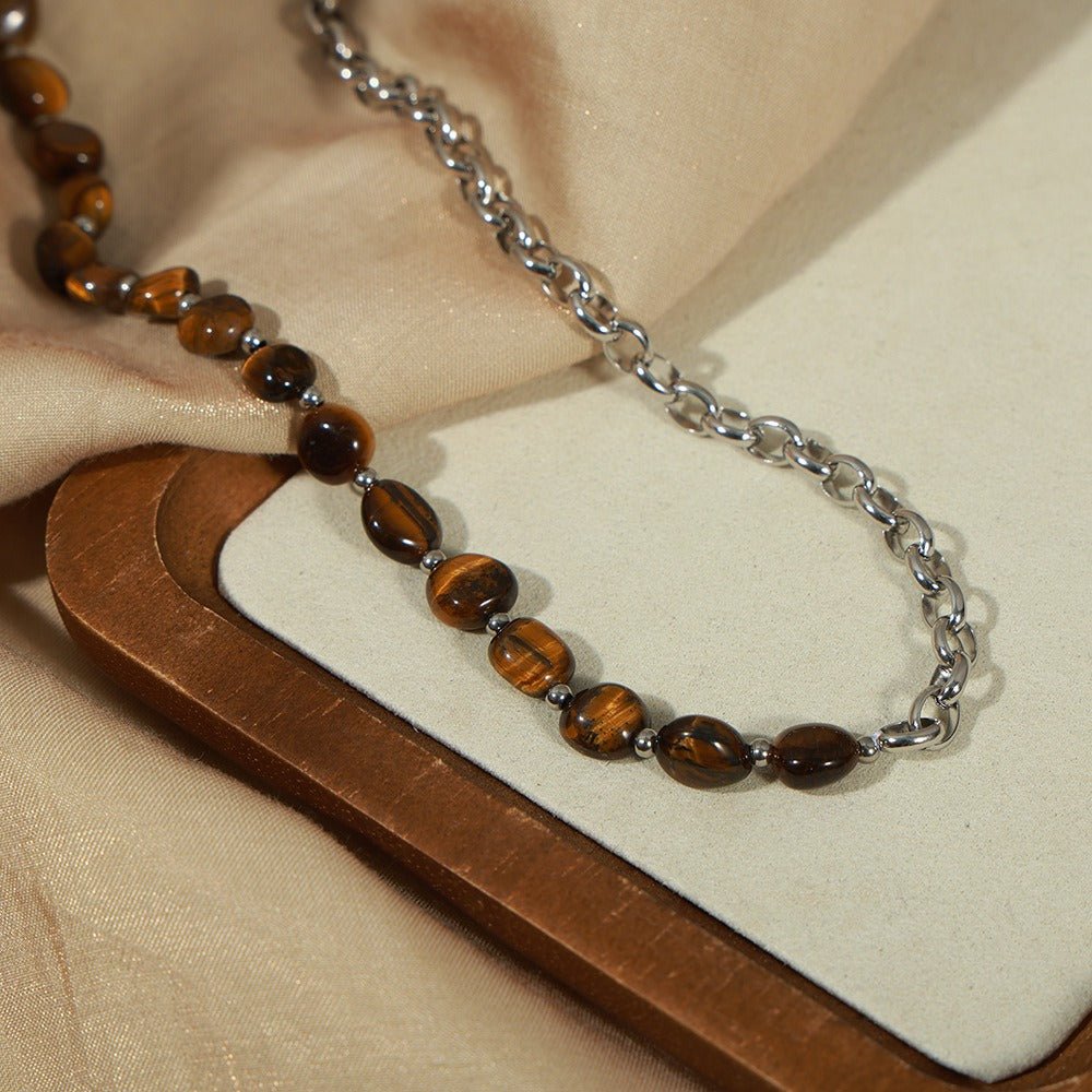 Retro tiger eye stone beads with O-shaped chain necklace set - JuVons