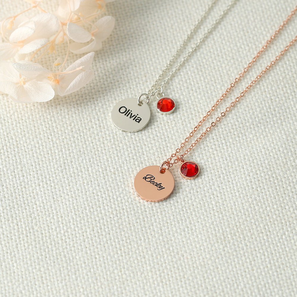 Silver atmospheric round shape with birthstone can be customized name design all-match necklace - JuVons