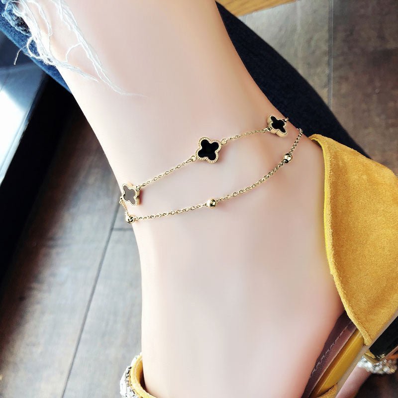 Simple light luxury style double-layer four-leaf clover design titanium steel anklet - JuVons
