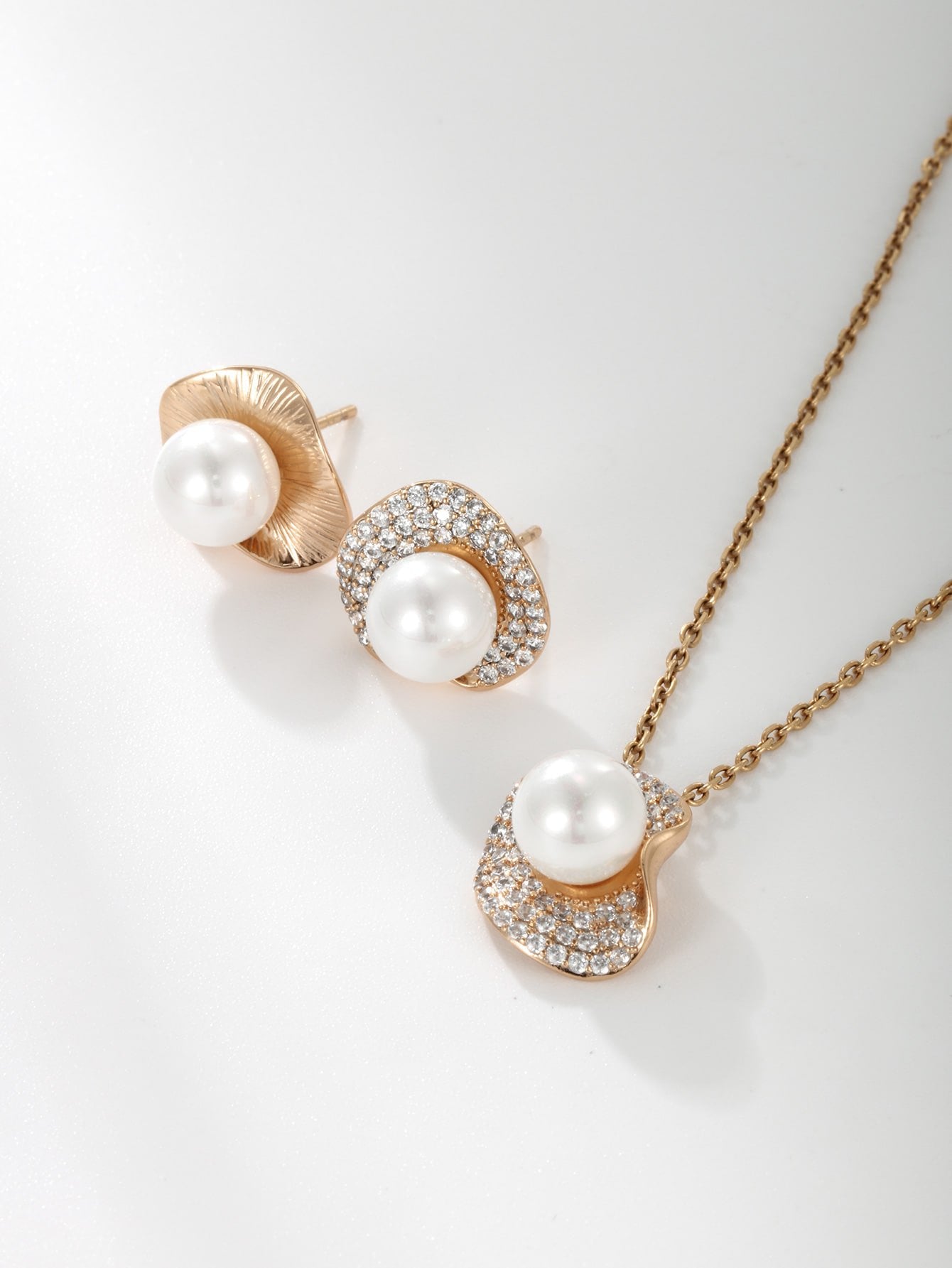 Stunning 18k gold pearl & micro pave earrings & necklace set - JuVons