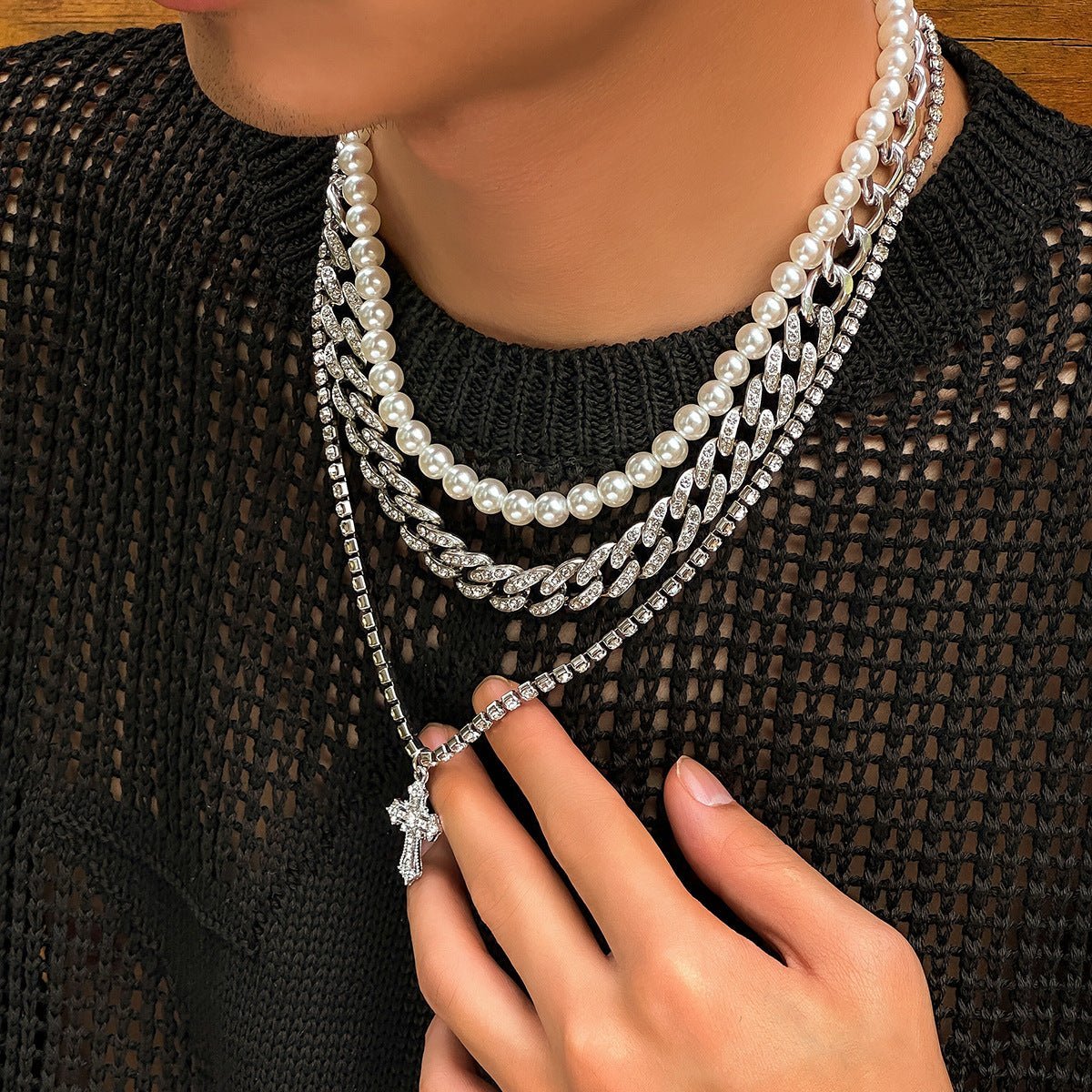 Trendy and fashionable pearls with Cuban chain and cross-studded diamond multi-layer design versatile necklace - JuVons