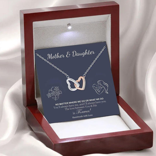 Two-Tone Diamond Paved Heart-to-Heart Double Links Gift Box Necklace for Mom or Daughter - JuVons