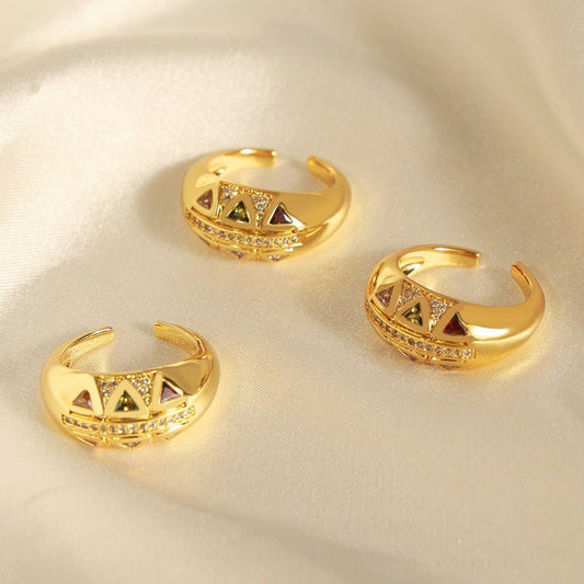 18K gold luxury retro geometric triangle open design palace ring - JuVons
