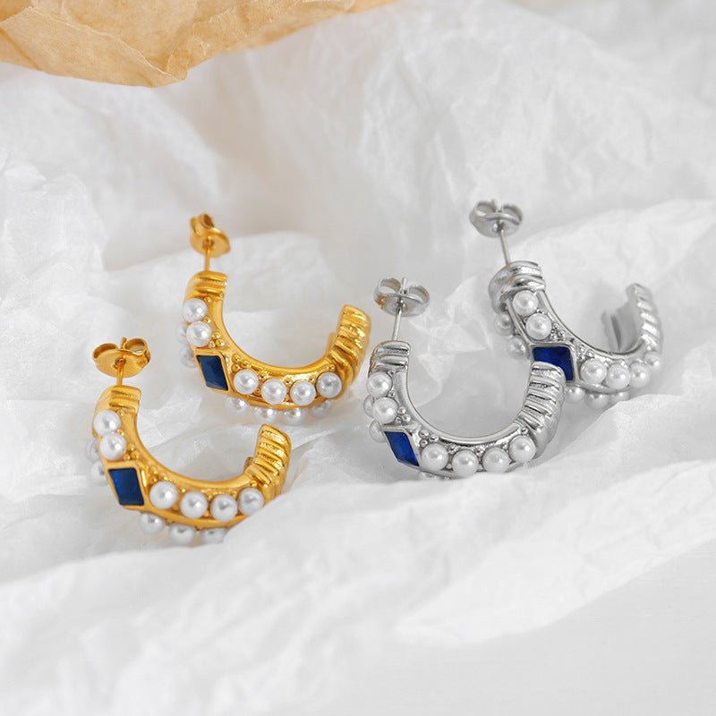 18K Gold Noble C-shaped Zircon with Pearl Earrings - JuVons