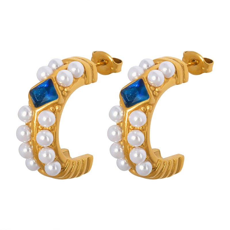 18K Gold Noble C-shaped Zircon with Pearl Earrings - JuVons